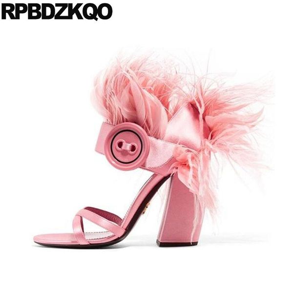 

dress shoes thick high heels pumps designer women luxury 2021 feather sandals embellished pink runway plus size large satin block, Black