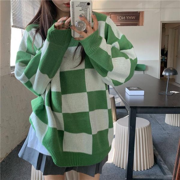 

women's sweaters green and white checkerboard sweater autumn oversize age reduction with round neck long sleeve fashion, White;black
