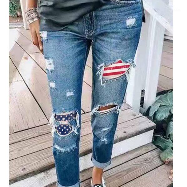 

women's jeans ripped holes print trousers, Blue