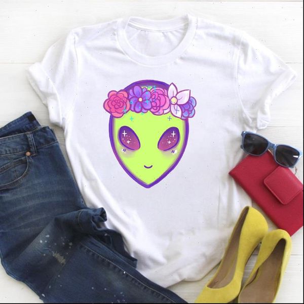 

women womens cartoon ufo flower floral fashion print summer t tee ladies female shirt clothes graphic, White