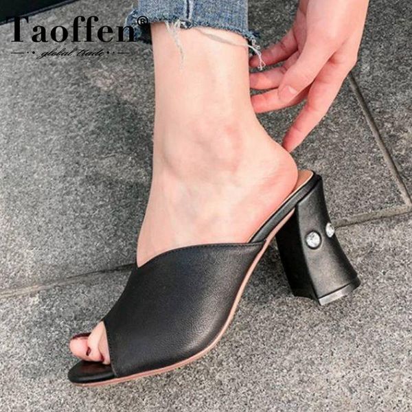 

dress shoes taoffen genuine leather sandals thick high heel summer women crystal peep toe shallow slip on size 34-43, Black