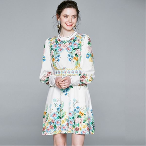 

runway elegant floral print beading party dinner dress vintage lantern sleeve flowers short with belt plus size 2xl 210525, Black;gray
