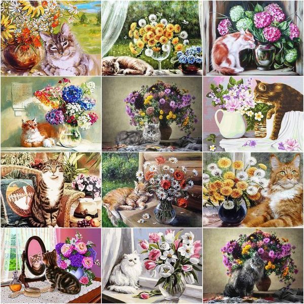 

paintings chenistory coloring by numbers flowers handpainted cat animal for childern drawing canvas kits diy home decoration gift