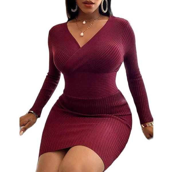 

casual dresses 2021 women thread sheath mini dress v neck full sleeve slim spring autumn winter bodycon female vestidos, Black;gray