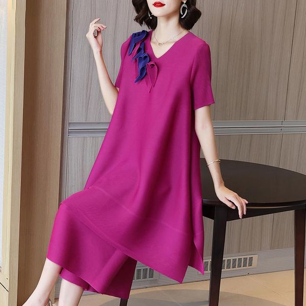 

women's two piece pants pant suits for women plus size 2021 summer stretch loose miyake pleated 2pcs set fashion v neck short sleeve +, White