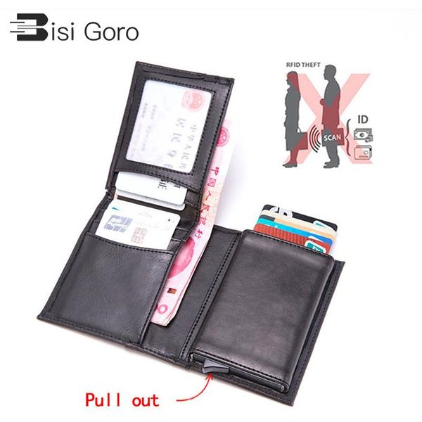 

card holders biso goro 2021 rfid business wallet aluminium box pu leather automatic up metal credit id holder, Brown;gray