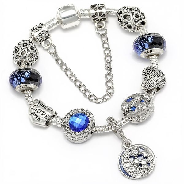 

16-21cm charm bracelet 925 silver murano glass beads fit pandora european bracelets blue starry moon & stars crystal pendant charm bead acce, Black