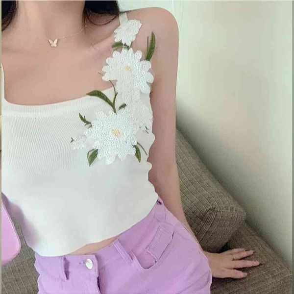 

summer womens knitting flower camis girls embroideried daisies crop tank for female, White