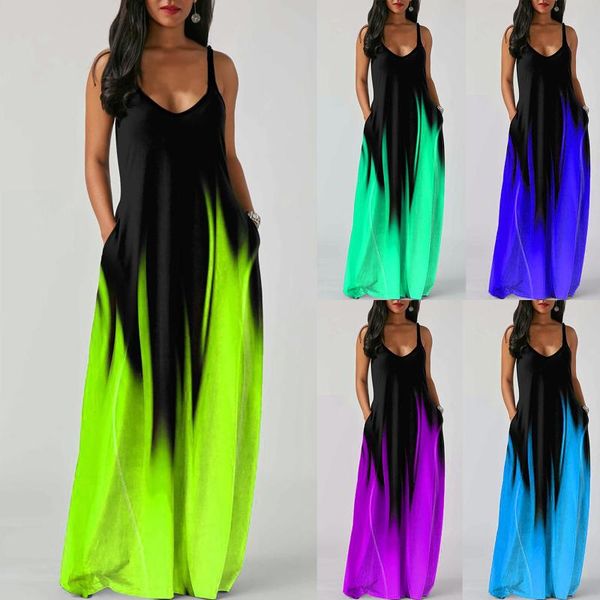 

casual dresses vintage summer color contrast dress women super oversized boho clothes beach sleeveless long plus size, Black;gray