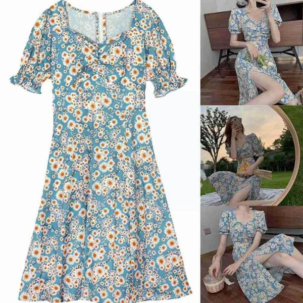 

casual dresses 2021 floral dress female summer gentle wind design sleeve skirt sundress neck long puff sense square split f4i6, Black;gray