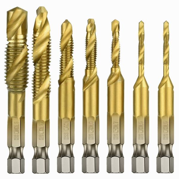 

7pcs m3-m10 hex shank titanium plated hss screw thread metric tap drill bits hand tools
