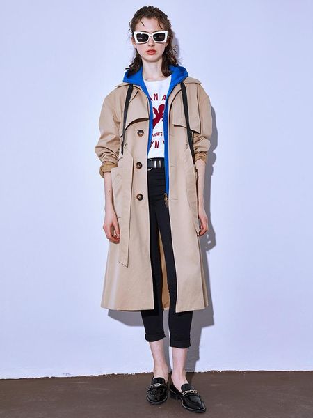 

women's trench coats ins khaki windbreaker middle and long hooded 2021 spring european work clothes, foreign style men's same, Tan;black