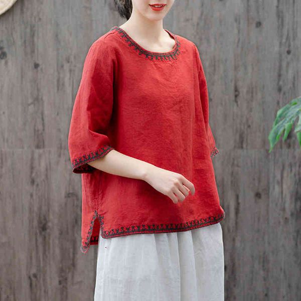 

women's t-shirt summer arts style women half sleeve loose tee shirt femme cotton linen vintage embroidery t-shirt plus size, White