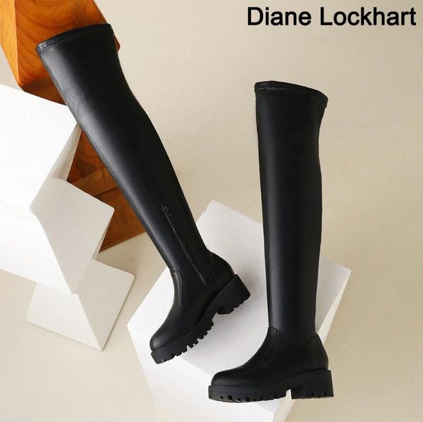 

boots big size brand female platform thigh high fashion slim chunky heels over the knee women party shoes woman, Black