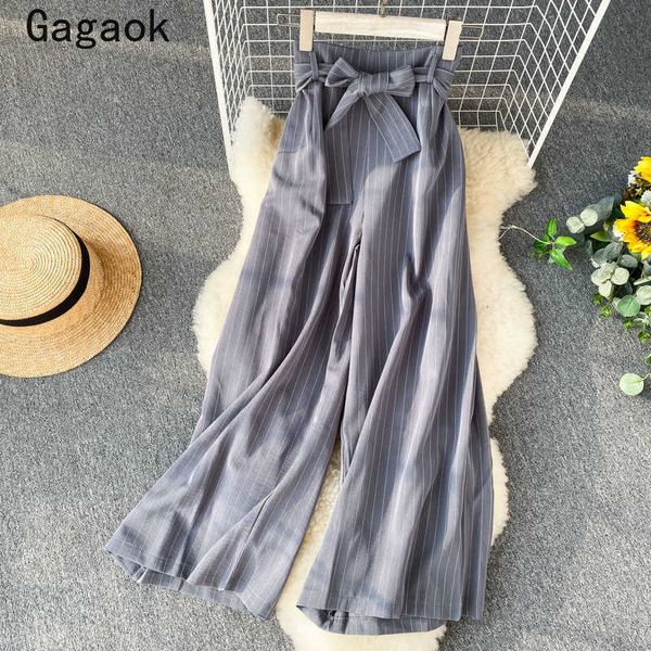 

streetwear women pant spring autumn sweet loose drawstring striped korean chic fashion simple retro wild pants 210531, Black;white