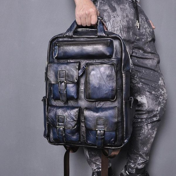 

backpack men original real leather fashion blue travel college school book bag designer male daypack student lap1170