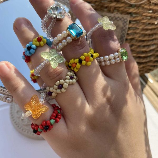 

ring new cute transparent resin acrylic handmade beaded rhinestone colourful geometric square round rings for women jewelry party, Golden;silver