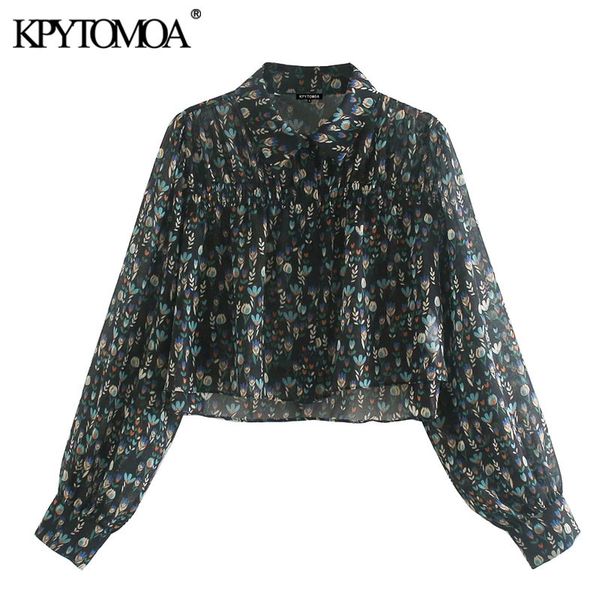 

women fashion smocked floral print cropped blouses vintage long sleeve button-up female shirts blusas chic 210416, White