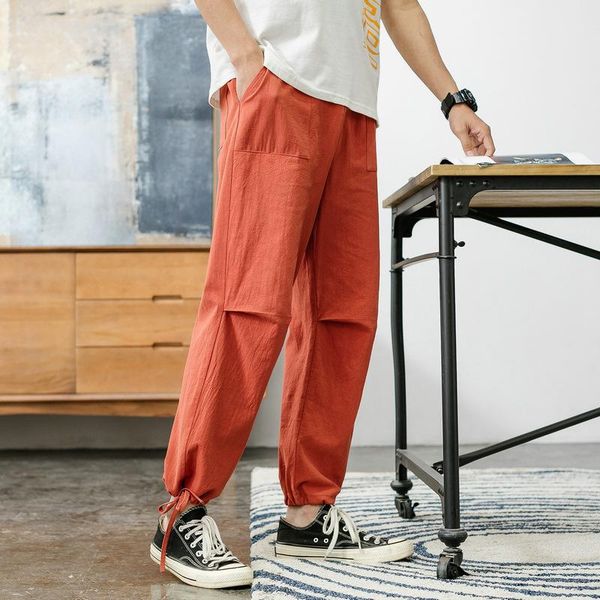 

men's pants ropa de hombre 2021 summer simple cotton linen nine points casual sports beam feet trousers clothing, Black