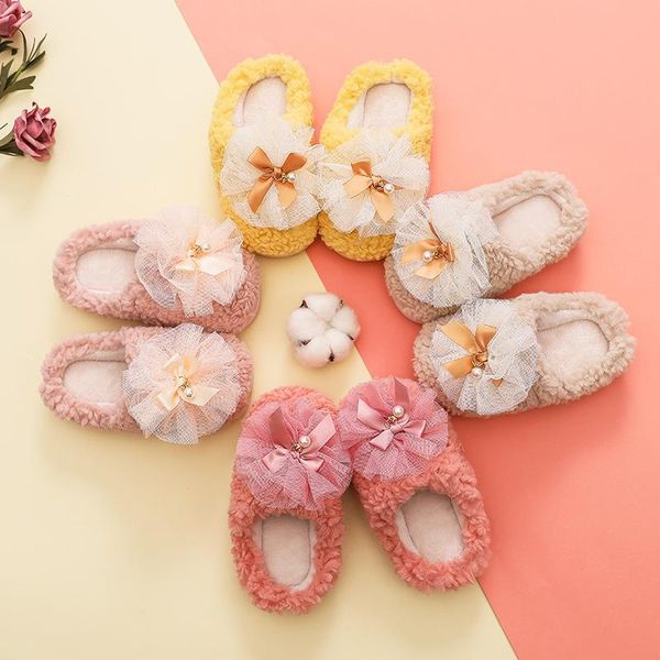 

slipper girls pearl flower slippers indoor and outdoor 2021 autumn winter kids cotton comfortable warm sweet cute 24-31, Black;grey