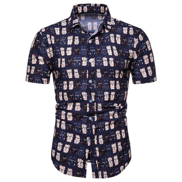 

blouse men hawaiian shirt men's clothing summer linen shirts for animal pattern short-sleeved camisa masculina casual, White;black