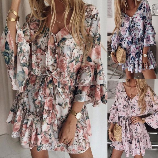 

casual dresses floral printed -robe femme summer clothes 2022 for women ladies long sleeve mini dress v-neck plus size, Black;gray