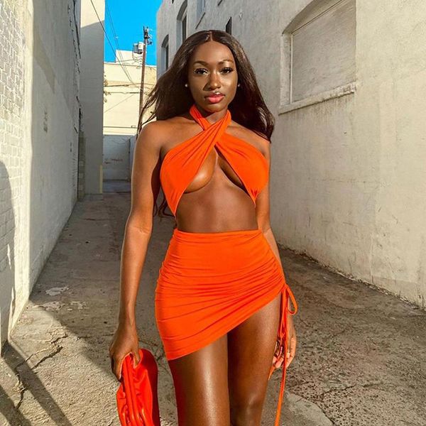 

casual dresses sisterlinda colorful cross women summer bandage halter dress sleeveless skinny cut out clothing lady fashion mini 2021, Black;gray