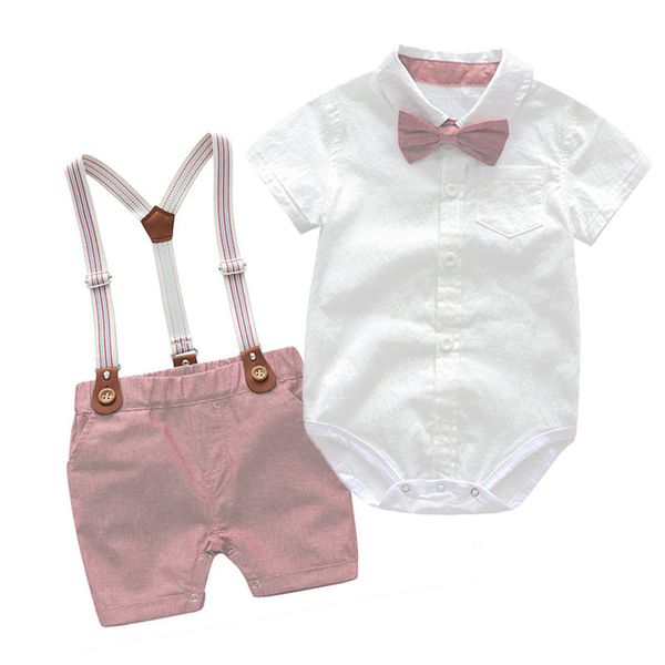 Baby Boy Kleidung Sets Sommer Gentleman Geburtstagsanzüge Neugeborenen Partei Kleid Weiche Baumwolle Solide RMPER + Gürtelhose Infant Kleinkind Set