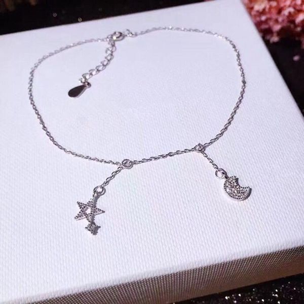 

zircon 925 sterling silver moon star dangle ankle drop pendant sweetie chain summer beach women wedding jewelry anklets, Red;blue