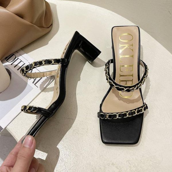 

dress shoes strange high heels chains sandals women narrow band slippers open toe slip on metal chain summer slides female sandalias, Black
