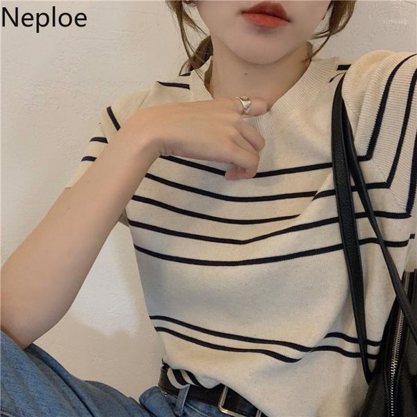 

women's t-shirt neploe striped knitted t shirts women korean chic 2021 summer short sleeve loose tees sweater vintage o neck basic pull, White