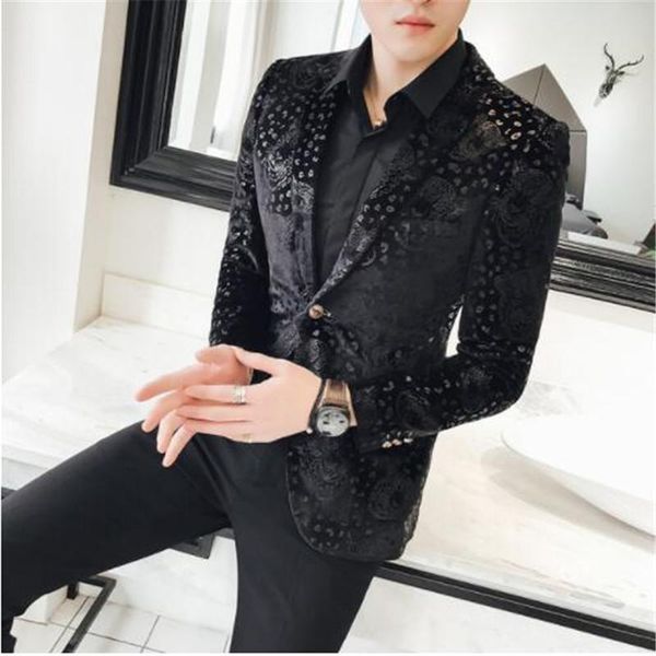 

men's suits & blazers black velvet flower blazer men luxury business casual 2021 hombre suit jacket plus size 5xl 4xl, White;black