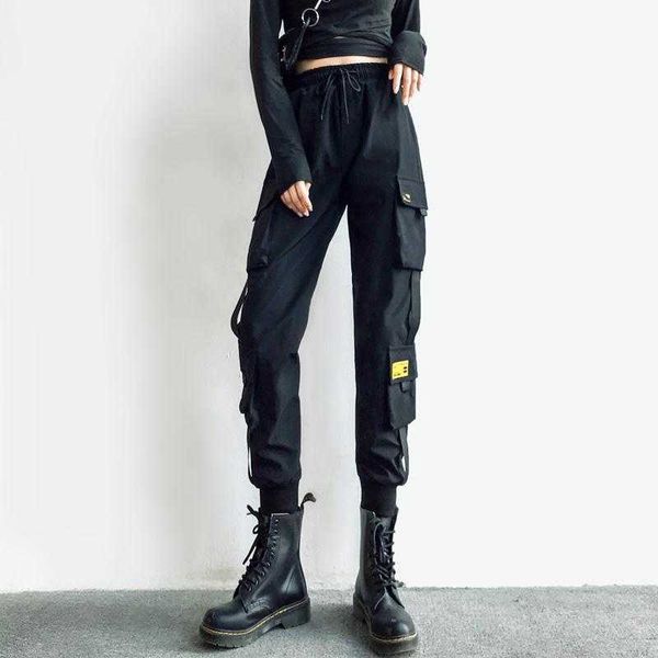 Mulher Carga Pant Moda Gótico Punk Elastic Cintura Calças Casuais Loose Reta Calças Coreanas com Chain Streetwear Roupa Q0801
