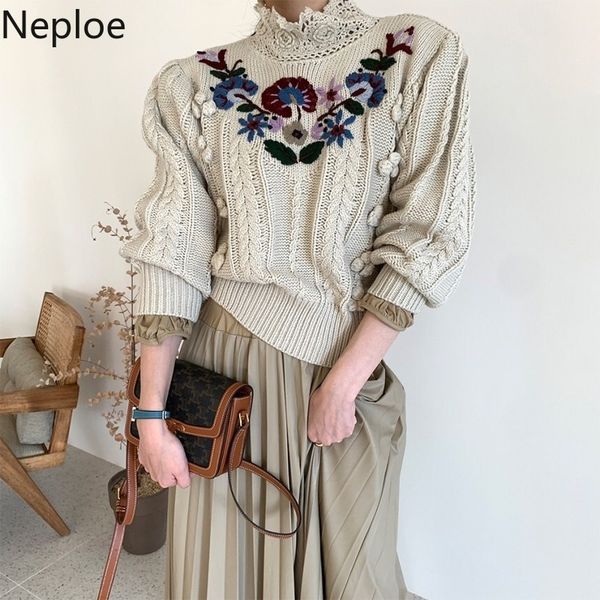 

neploe vintage turtleneck women sweaters heavy embroidery knitted ribbed pullovers coat loose lantern sleeve chic sueter mujer 210422, White;black