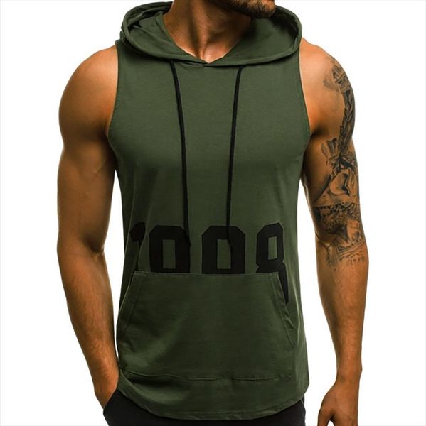 

kancoold mens tank men fitness muscle letter sleeveless hooded bodybuilding pocket tight drying vest sport singlet, White;black
