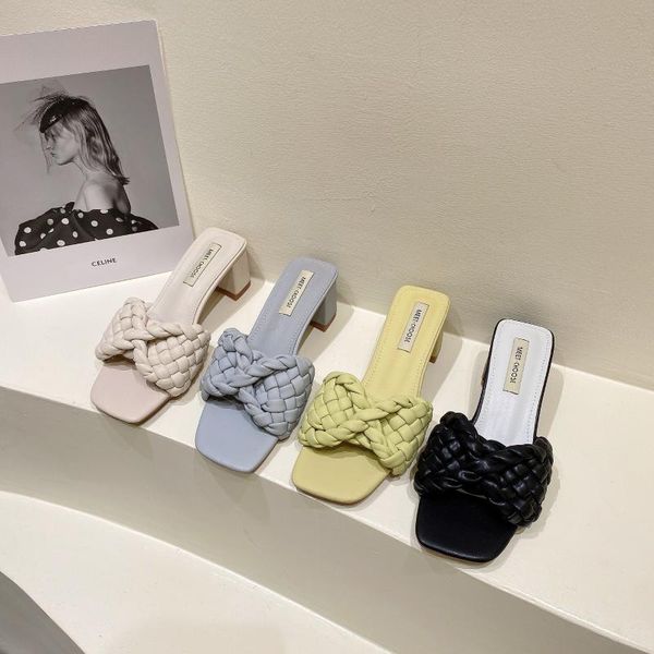 

slippers 2021 summer women weave design sandals slides thick high heels gladiator mules shoes woman party pumps size 35-39, Black