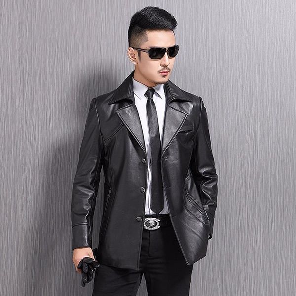 

men's leather & faux genuine jacket men spring autumn short sheepskin coat real jackets veste moto homme 17039 yy370, Black