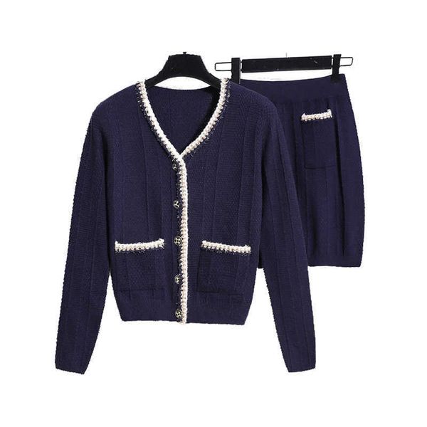 

perhaps u women two pieces set cardingan mini skirt v neck knitted navy beige white t0350 210529