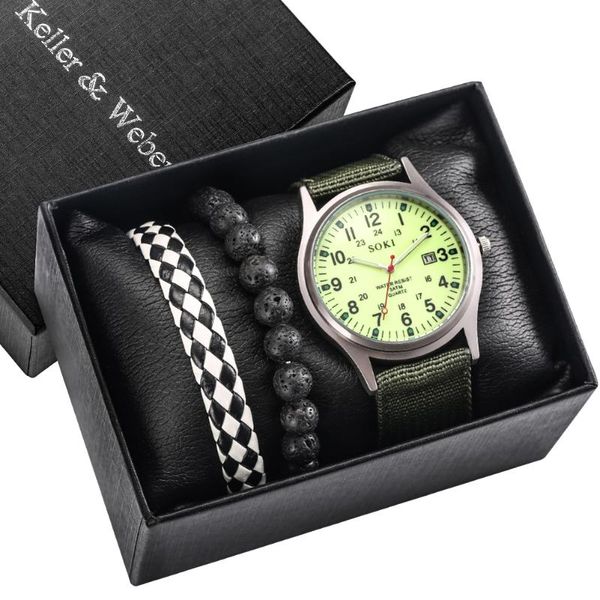 

wristwatches fashion military men watch set luminous quartz clock wristwatch sports nylon watchband stainless case calender large dial, Slivery;brown