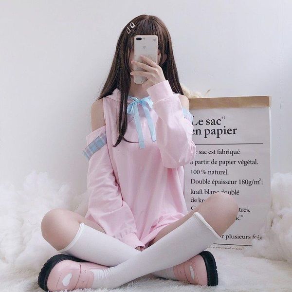 

women's hoodies & sweatshirts fernan japan style pink off shoulder hoodie women kawaii long sleeve with bow sweatshirt fall 2021 fashio, Black