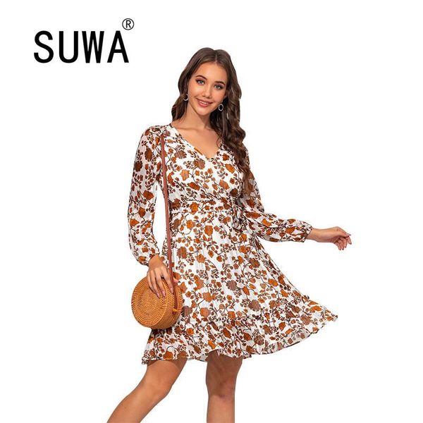 

casual dresses wholesale woman party night fashion outfits 2021 est red flower print deep v neck long sleeve a-line retro dress, Black;gray