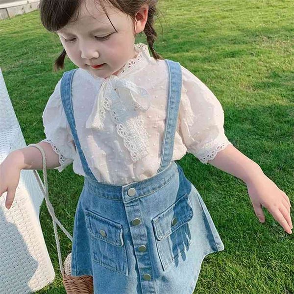 

children's clothing summer girl korean lace shirt and denim strap skirt two-piece suit 210625, White
