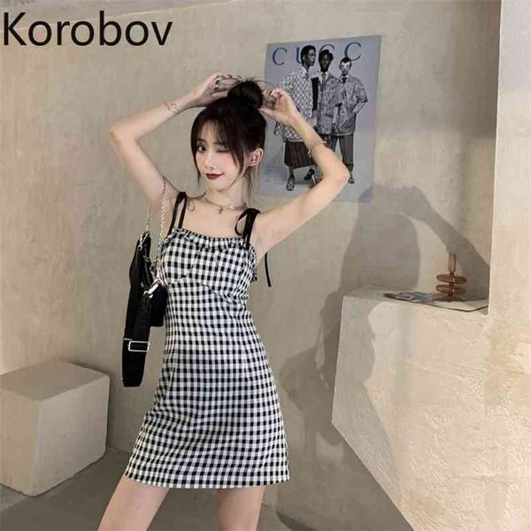 

korobov new summer spaghetti strap plaid women dress korean chic female dresses vintage elegant robe femme 210430, Black;gray