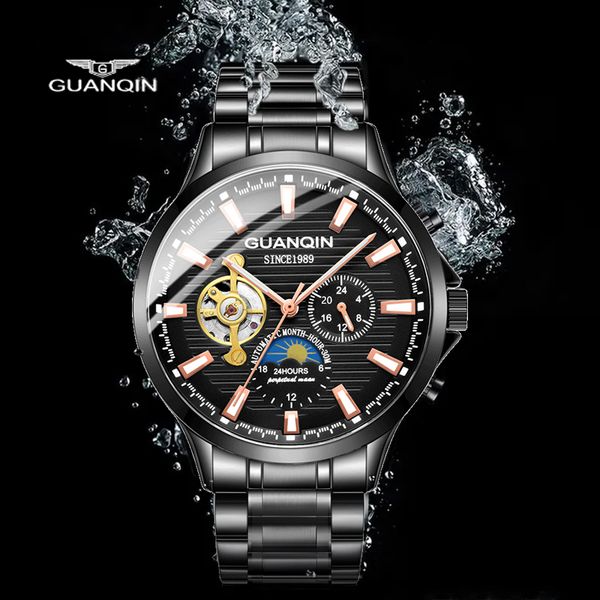 

lighting business clock men automatic wathces 2021 tours bulletproof steel band moon phase waterproof montre homme, Slivery;brown