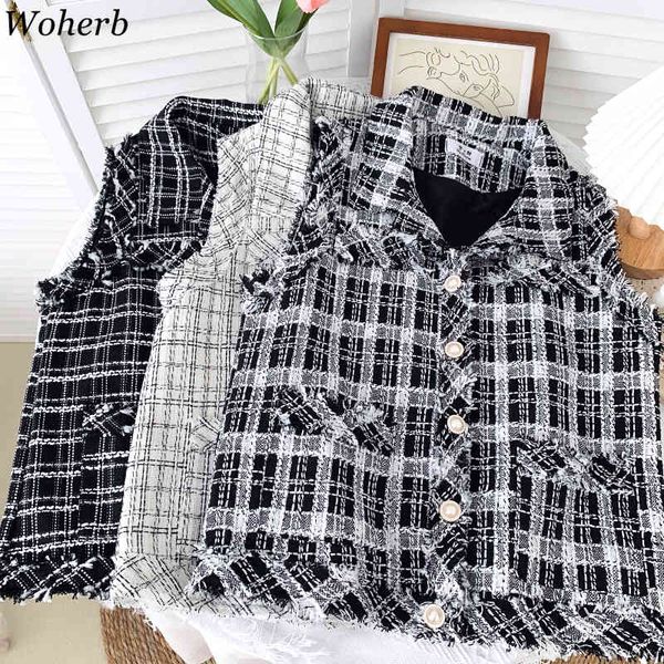 

spring summer women plaid vest turn down collar pocket sleeveless fashion jacket korean simple tweed cardigan tank 210417, Black;white