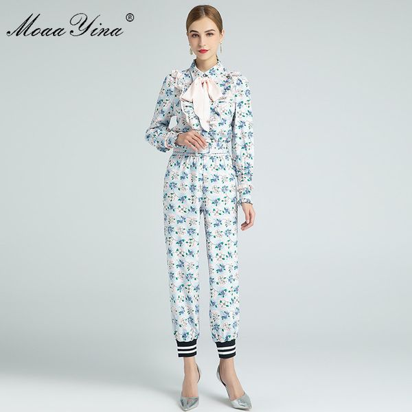 

fashion designer set spring autumn women's ruffles long sleeve blouses +floral-print trousers two-piece set 210524, White