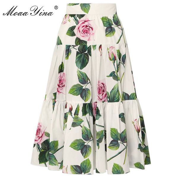 

summer women rose floral-print elegant cotton skirt 210524, Black