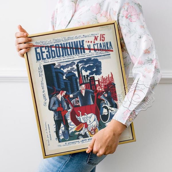 

paintings russian bezbozhnik u stanka vintage poster, magazine cover illustration retro canvas painting, bar pub club wall art home decor