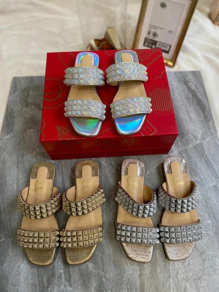 

2021 summer slipper style colorful diamond square nail sandals with lazy people to wear flat women's shoes, Black