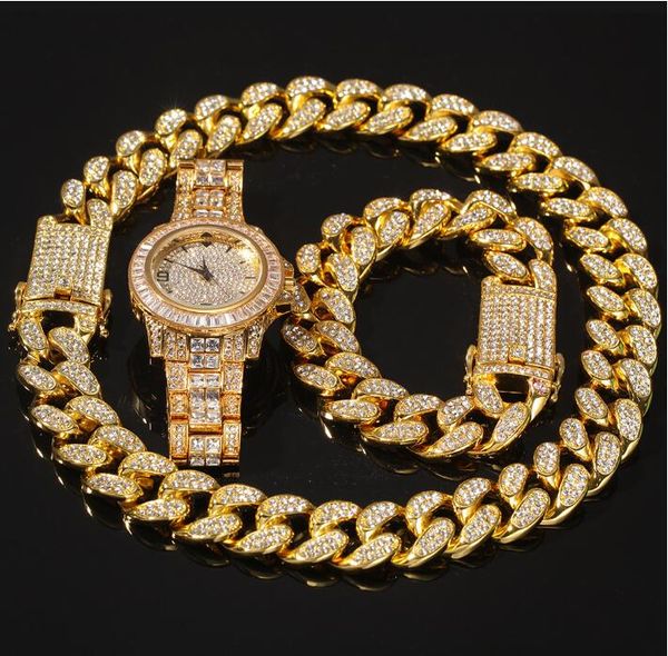 

2021 3pcs set necklace +watch+bracelet hip hop miami curb cuban chain gold full iced out paved rhinestones cz bling for men jewelry, Black